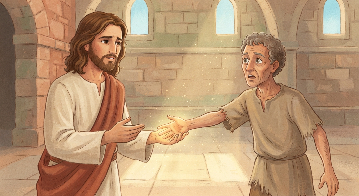 Jesus estende a mão para um homem na sinagoga, cuja mão atrofiada se abre curada sob a luz da manhã.