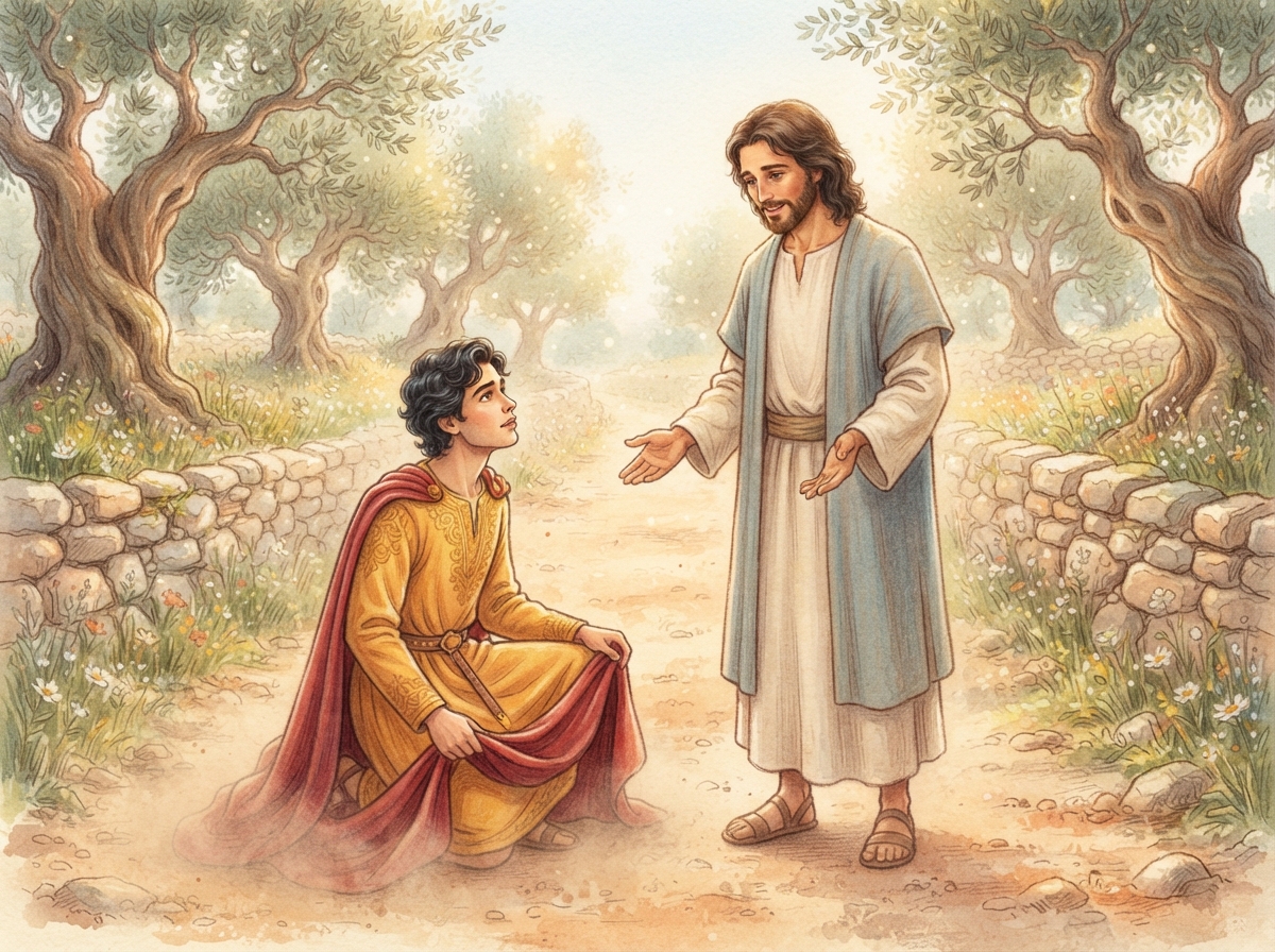 O jovem rico ajoelha-se no caminho de terra diante de Jesus com um olhar sincero, sob a luz dourada da manhã.