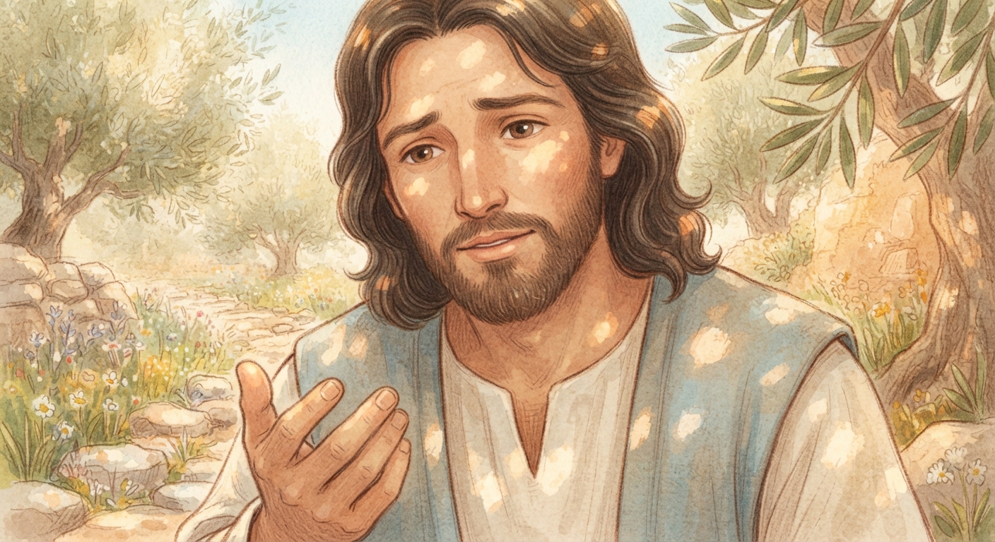 Rosto de Jesus em close-up, olhando com profunda compaixão e ternura ao fazer o convite ao jovem.