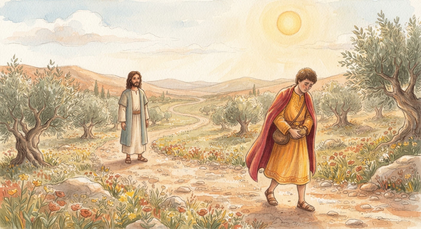 O jovem rico caminha cabisbaixo para longe pela estrada ensolarada, enquanto Jesus o observa à distância.
