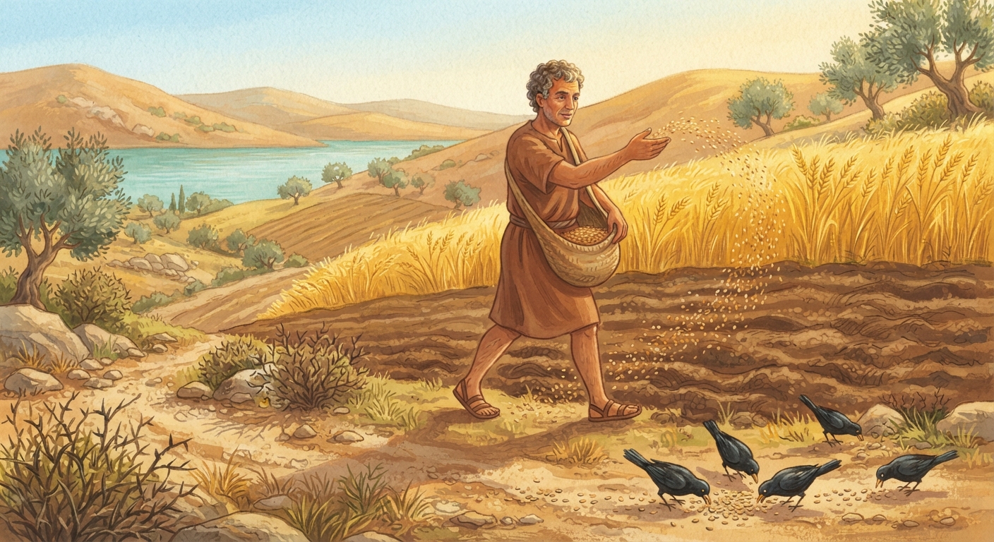 O semeador caminhando pelo campo enquanto lança sementes douradas pelo ar, com pássaros à beira do caminho e trigo crescendo ao fundo.