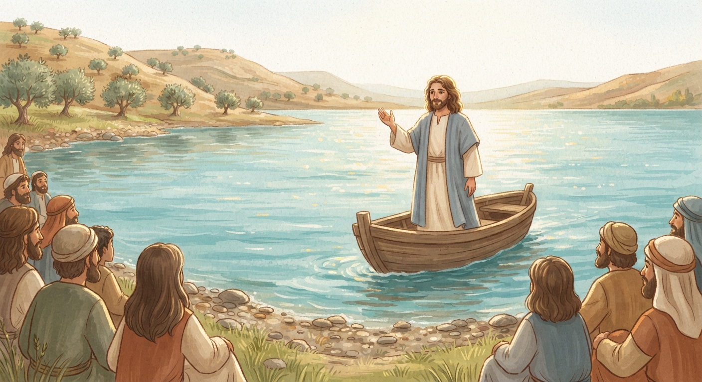 Jesus em pé num barco de madeira no lago ensinando a multidão sentada na margem sob a luz do dia.