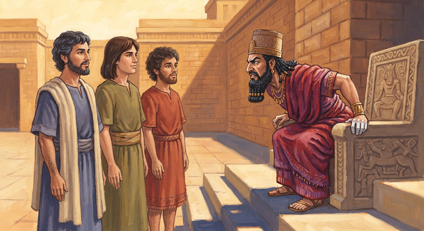 O rei Nabucodonosor, furioso em seu trono, interroga Sidrac, Misac e Abdênago, que permanecem de pé com calma e coragem.